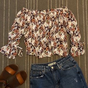 Purple and pink floral off the shoulder top.